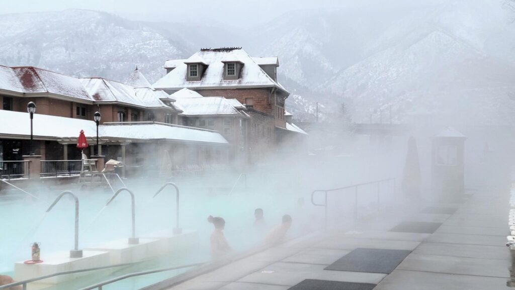 The Grand Pool and Bath House on a steamy winter day at Glenwood Hot Springs Resort