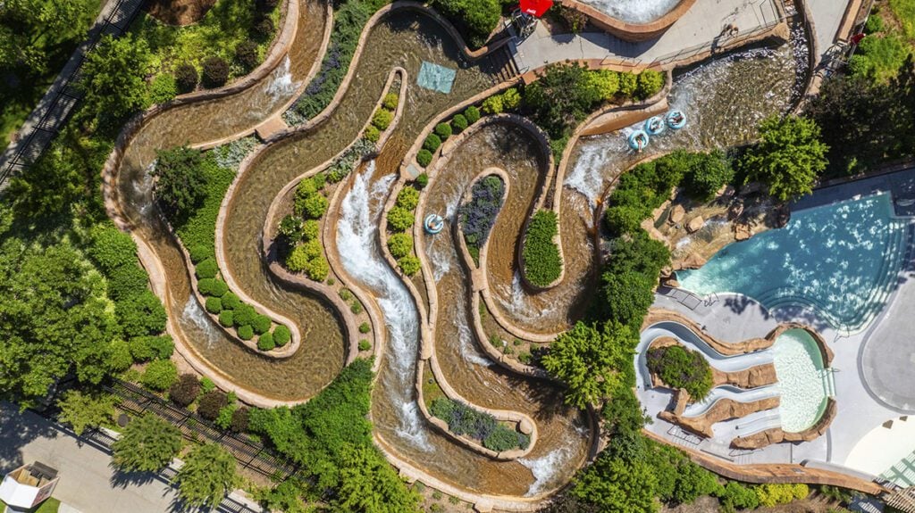 Aerial view of twisting river of Shoshone Chutes in Sopris Splash Zone at Glenwood Hot Springs Resort