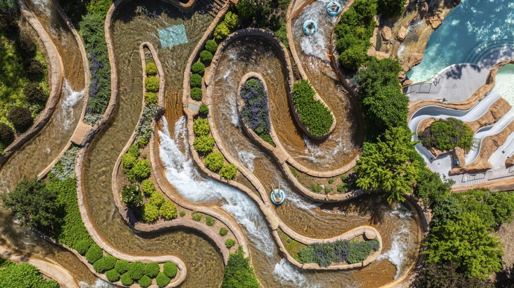 Aerial view of winding river of Shoshone Chutes in Sopris Splash Zone at Glenwood Hot Springs Resort