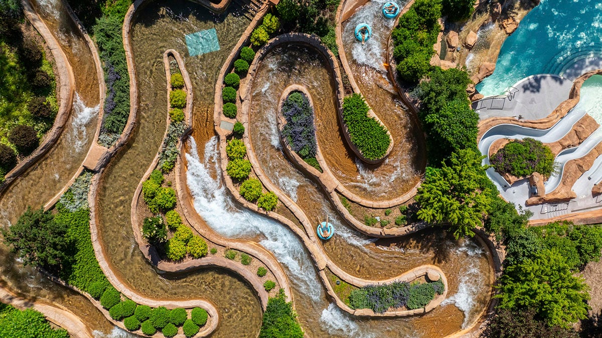 Aerial view of winding river of Shoshone Chutes in Sopris Splash Zone at Glenwood Hot Springs Resort