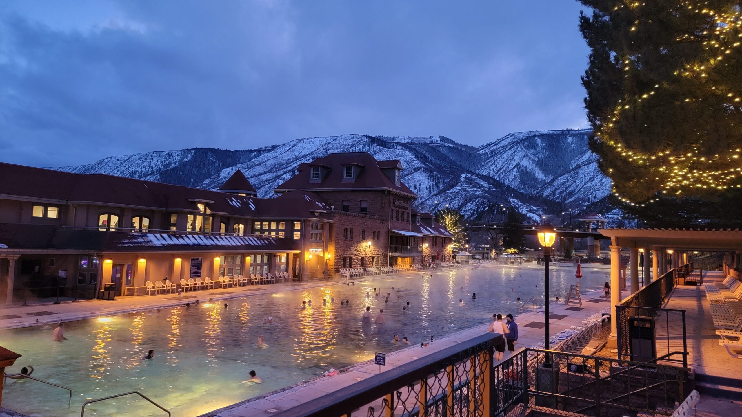 Glenwood Hot Spring Resort's Grand Pool at Dusk in the Winter