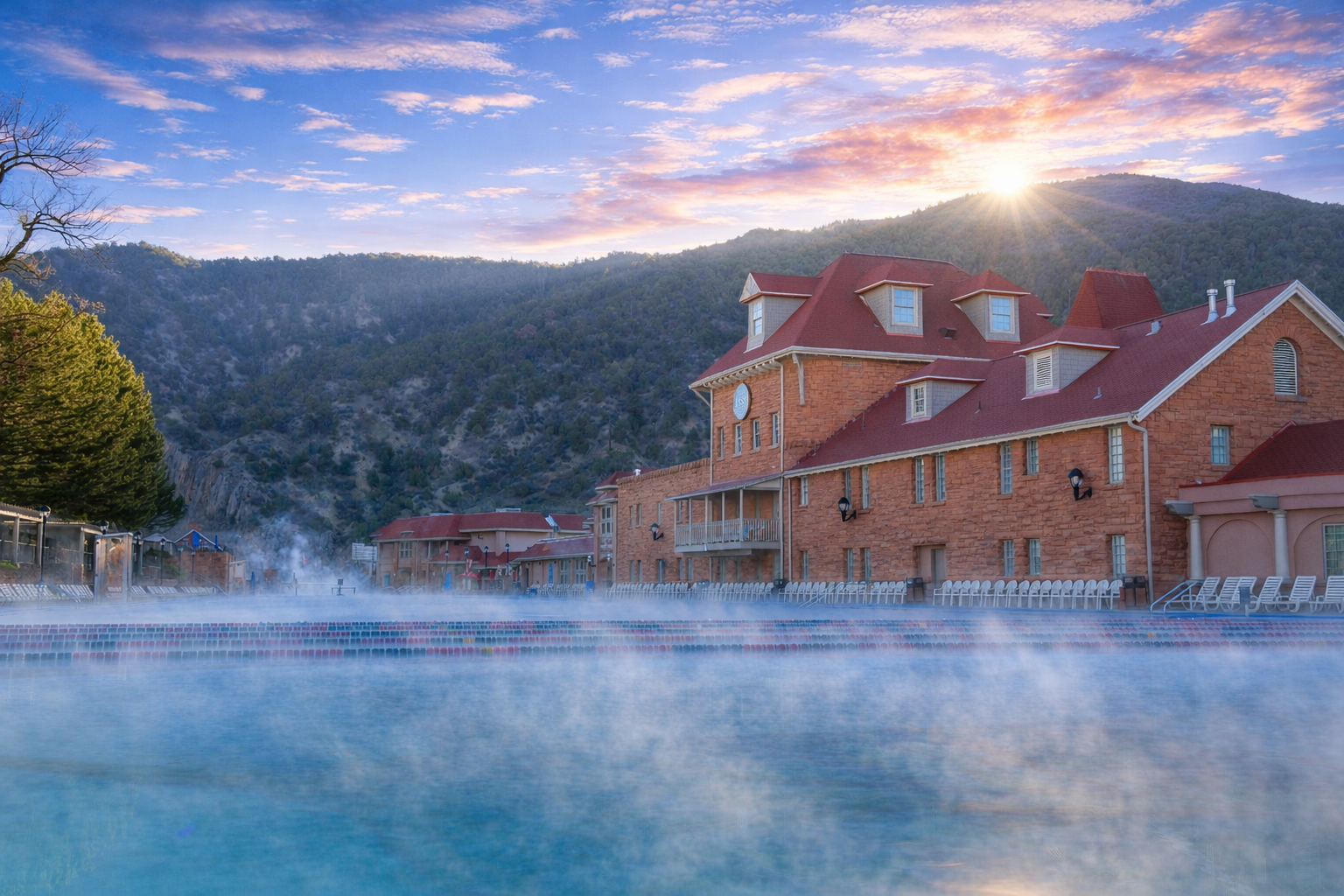 Spring Sunrise behind the Historic Bathhouse at Glenwood Hot Springs Resort