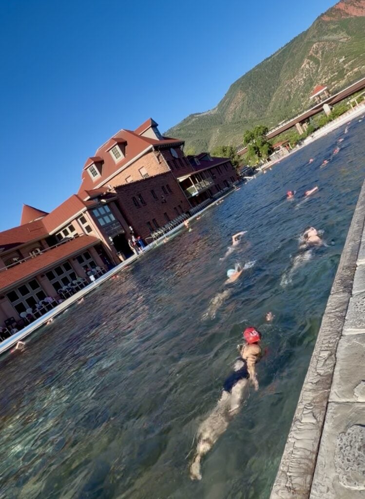 Roaring Fork Women’s Triathlon Team training in the Grand Pool for the Outdoor Diva Triathlon - Glenwood Hot Springs Resort